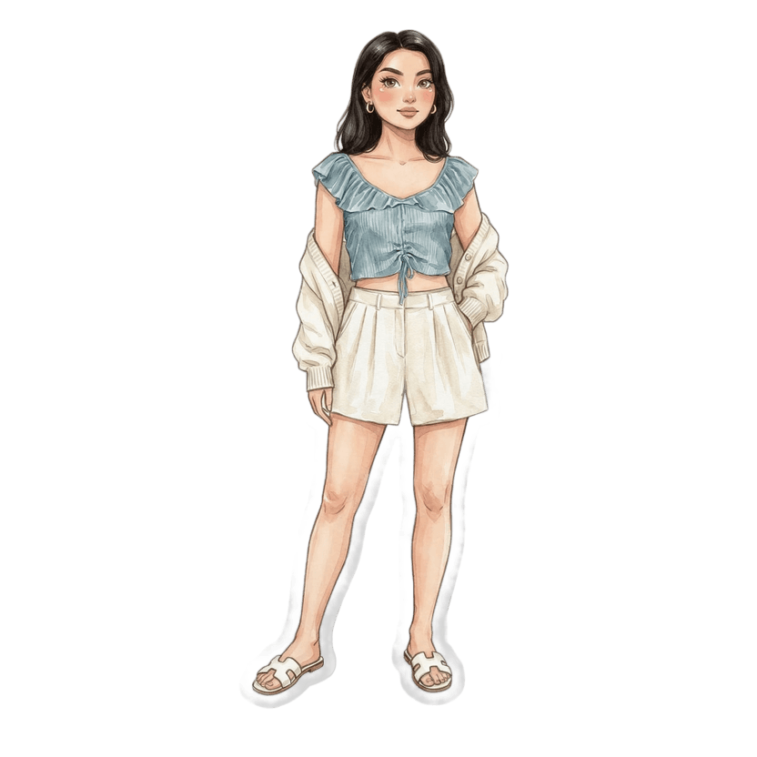 Bangkok in August morning — blue ruffled crop top, cream cardigan draped at waist, cream linen shorts, white slide sandals