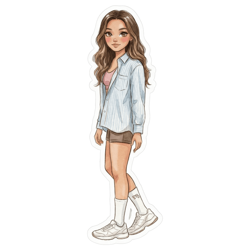 Miami in June morning — light blue striped button-down shirt, pink sports bra, brown athletic shorts, white crew socks, white sneakers