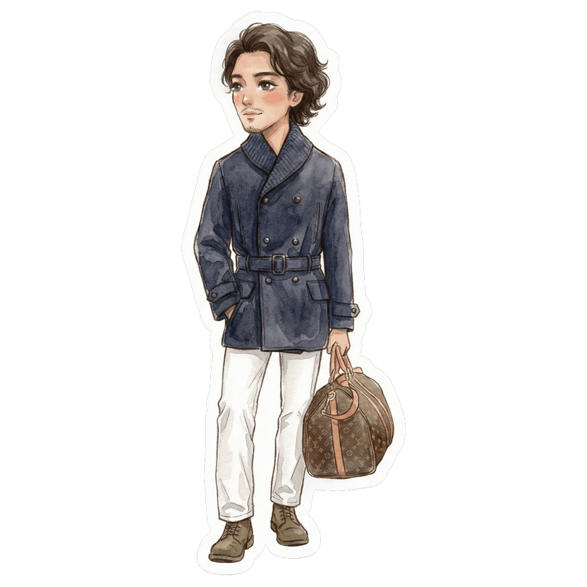 Old Money Fall — navy double-breasted peacoat, white jeans, olive suede boots, brown monogram duffle bag