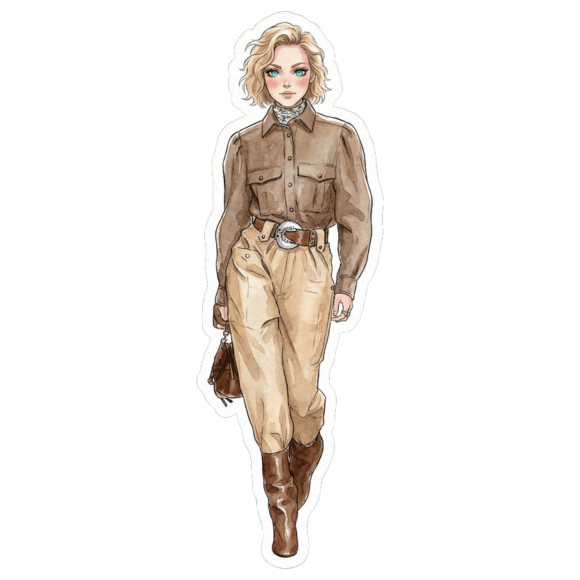 Chicago in May morning — brown button-up shirt, beige cargo pants, brown leather boots, brown leather bag, brown leather belt with silver buckle