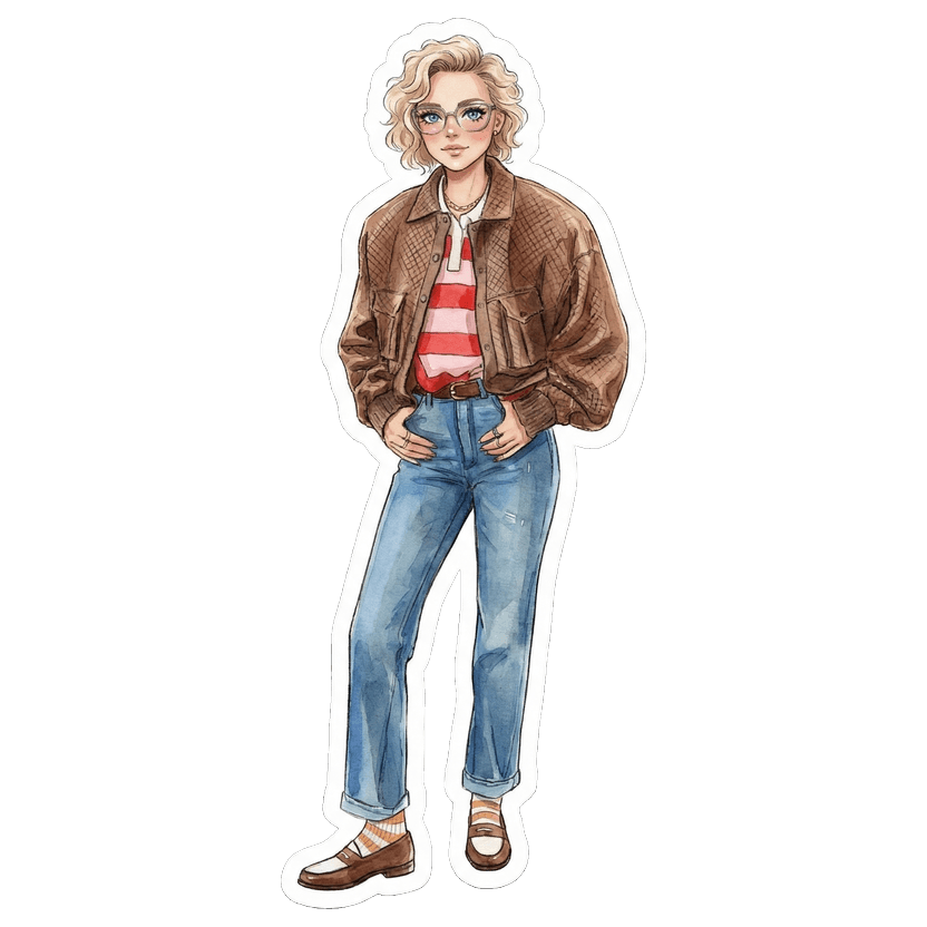 London in June morning — brown woven leather jacket, red and pink striped polo sweater, blue jeans, brown leather belt, brown and white loafers