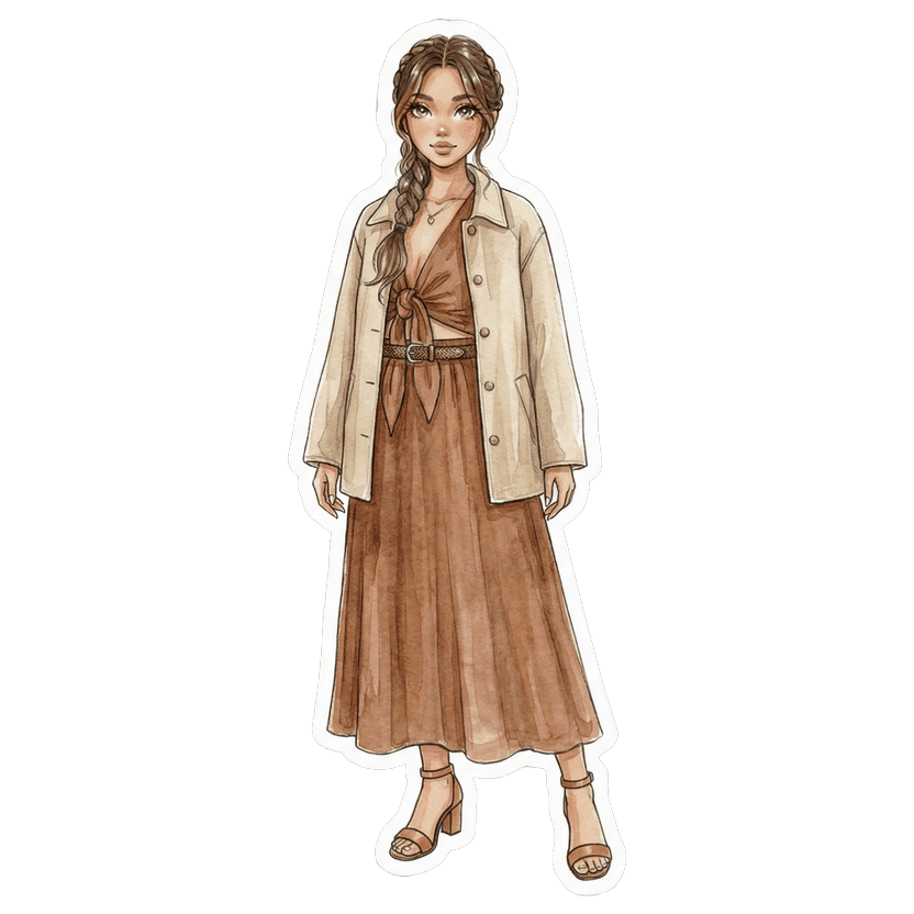 Nashville in May morning — cream cropped chore coat, brown belted midi dress, brown heeled sandals