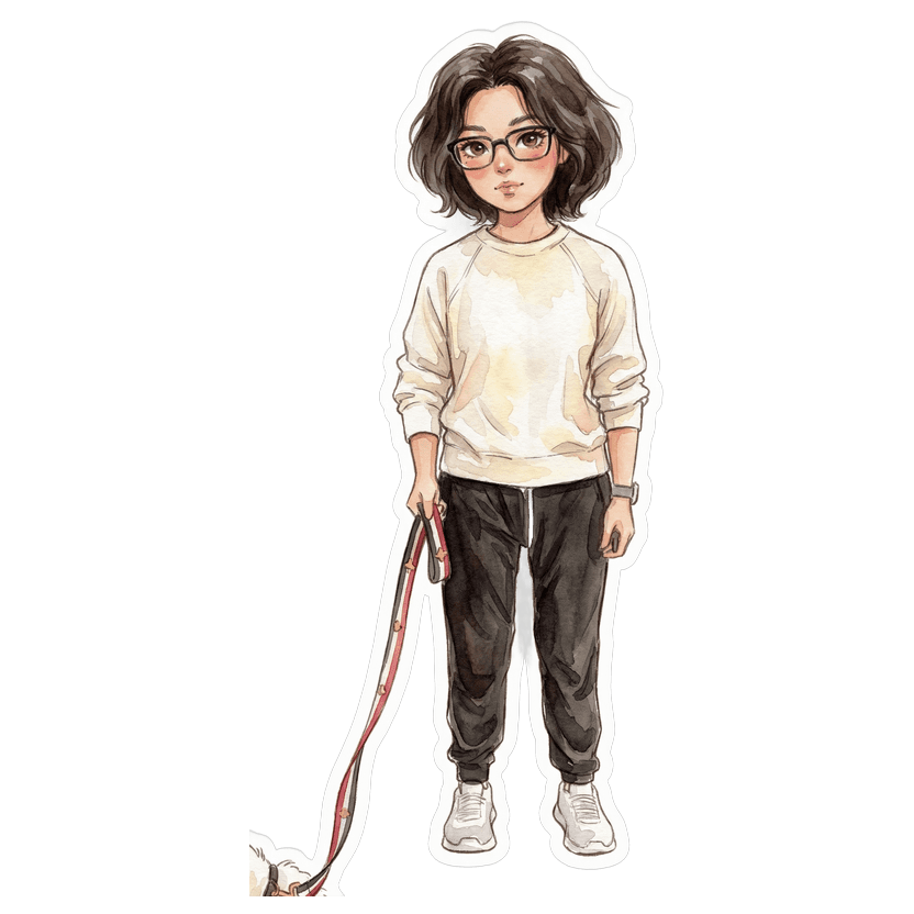Los Angeles in June morning — cream long-sleeve sweatshirt, black sweatpants, white sneakers, black-rimmed glasses