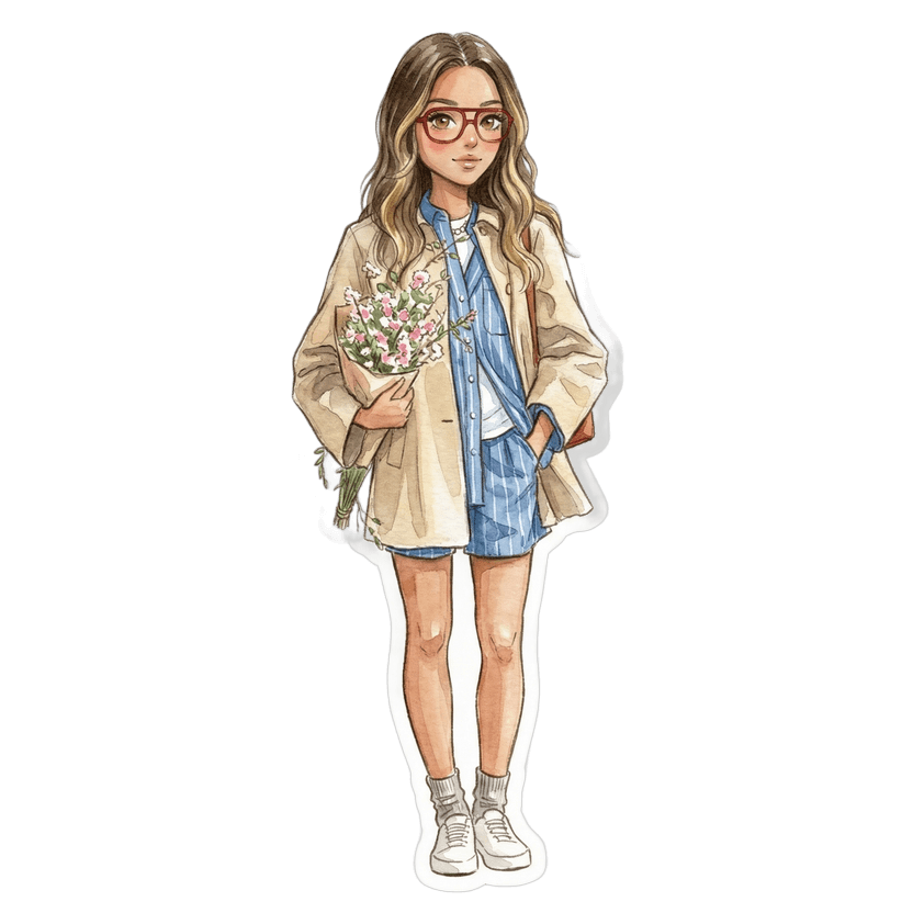 San Francisco in May morning — beige trench coat, blue striped button-down shirt, white t-shirt, blue striped shorts, white sneakers