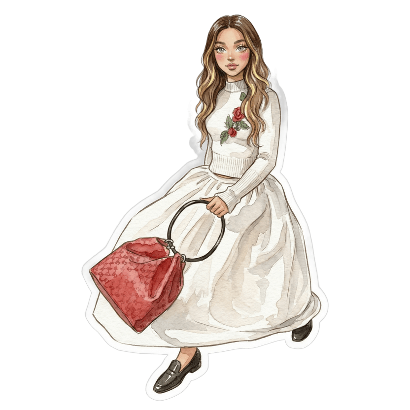 New Orleans in June evening — white long-sleeve sweater with red rose embroidery, white voluminous midi skirt, black leather loafers, red patterned handbag with black circular handles