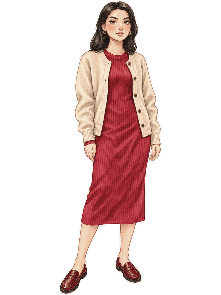 Thanksgiving — cranberry rib-knit midi dress, stone wool cardigan, oxblood leather loafers, small gold hoop earrings