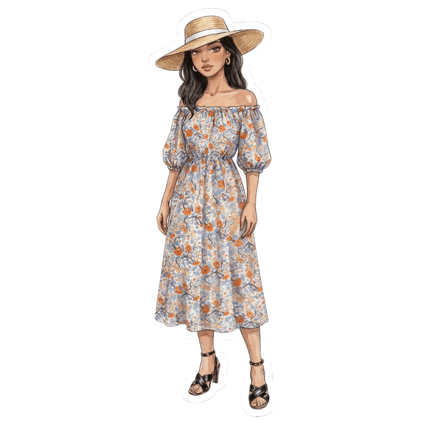 Lisbon in August morning — Floral off-shoulder midi dress with puff sleeves, Black flat sandals with wide crossover leather straps, Wide-brim woven straw hat with white band