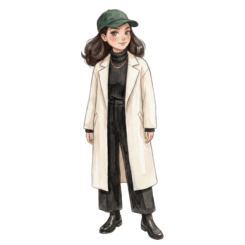 Outfit with turtleneck — Cream relaxed longline coat with clean lapels and dropped shoulders, Relaxed ribbed knit black turtleneck, High-waisted wide-leg black trousers in fluid structured fabric