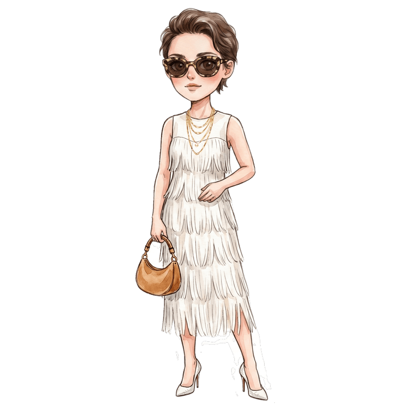 Nashville in August evening — Sleeveless white tiered fringe midi dress with cascading horizontal fringe from bodice to hem, White pointed-toe stiletto court pumps, Multiple fine layered gold chain necklaces, Small crescent-shaped suede bag in warm tan with bamboo-style top handle
