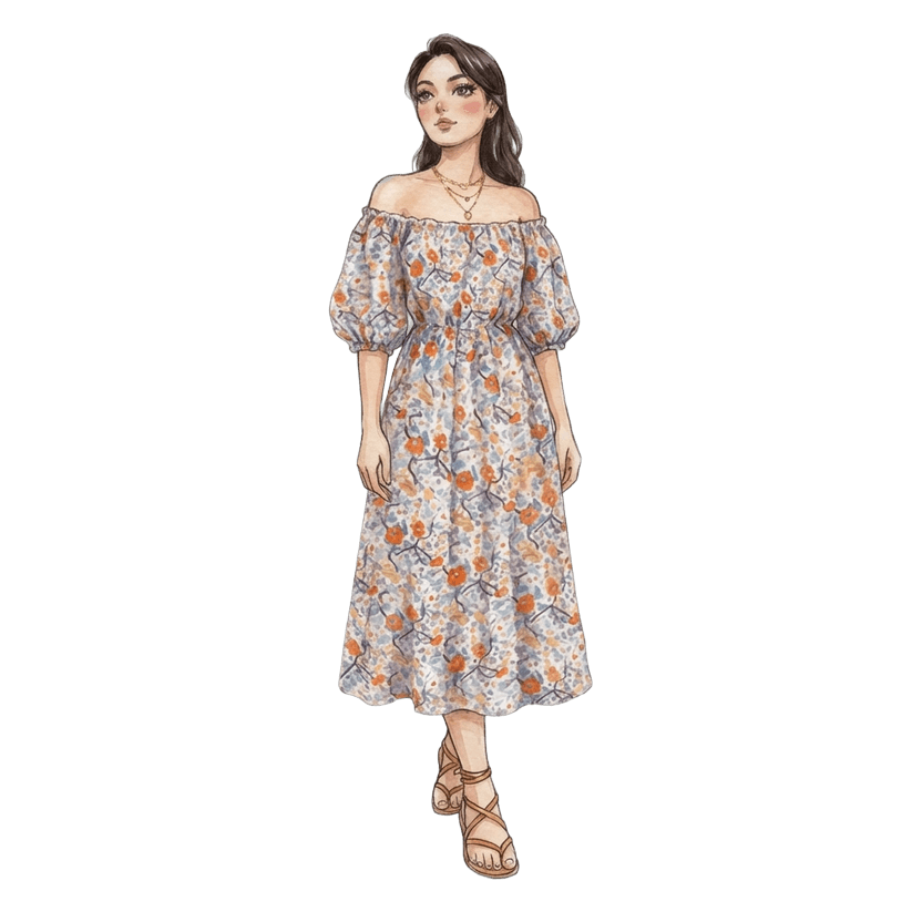 New York in August evening — Off-shoulder midi dress with puff sleeves