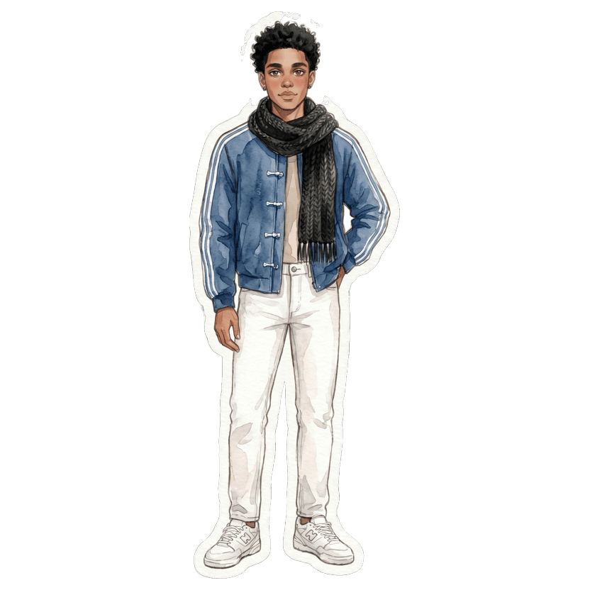 Outfit with denim jacket — Blue mandarin collar jacket with frog closures and white sleeve stripes, Clean white slim-fit jeans, Chunky black scarf draped loosely around neck