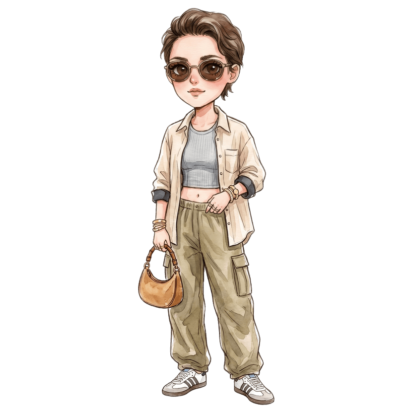 Paris in August morning — Grey cropped ribbed tank, Beige oversized button-down with wide collar and contrast dark cuff trim, Khaki olive cargo parachute pants, Small crescent suede bag in warm tan with bamboo-style top handle