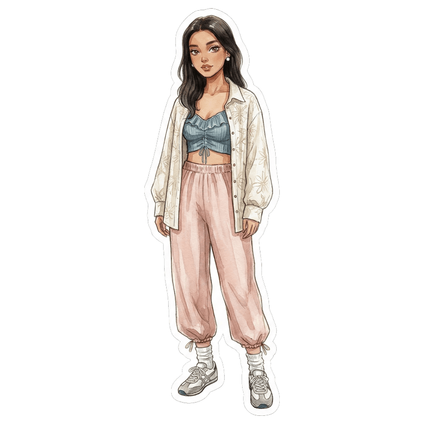 New Orleans in June morning — Dusty blue fitted crop top with ruffled sweetheart neckline, Blush wide-leg parachute pants with cinched ankle hem, Cream oversized button-front shirt with tonal floral embroidery, White ribbed ankle socks with slight scrunch