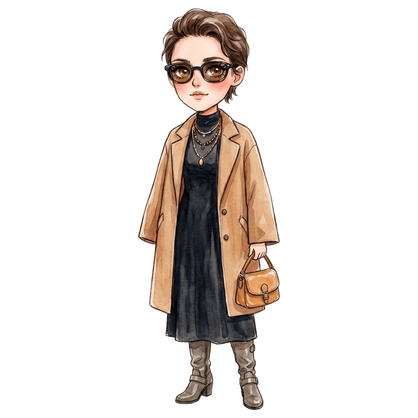 Nashville in August morning — Fitted sleeveless black mock-neck maxi dress in stretch jersey, Knee-high slouchy grey-brown worn leather boots with stacked heel, Small structured warm tan saddle bag with flap closure and gold hardware, Layered necklaces with beaded strands and gold coin pendant in gold and brown