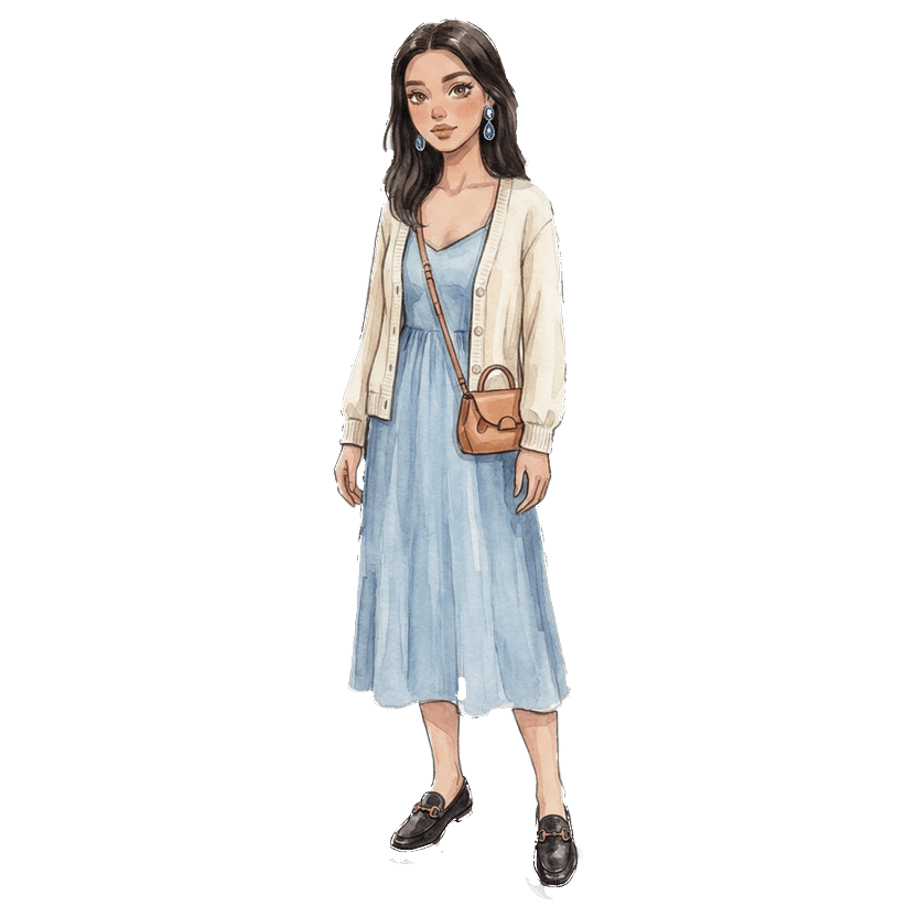 Outfit with wedding-guest outfits (2026 trends) — Powder blue linen midi dress, Cream knit open-front cardigan, Black leather horsebit loafers, Cobalt blue oval cameo drop earrings with teardrop dangle