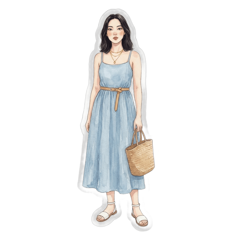 Baby Shower Summer — light blue slip midi dress, tan rope belt, straw tote bag, white slide sandals