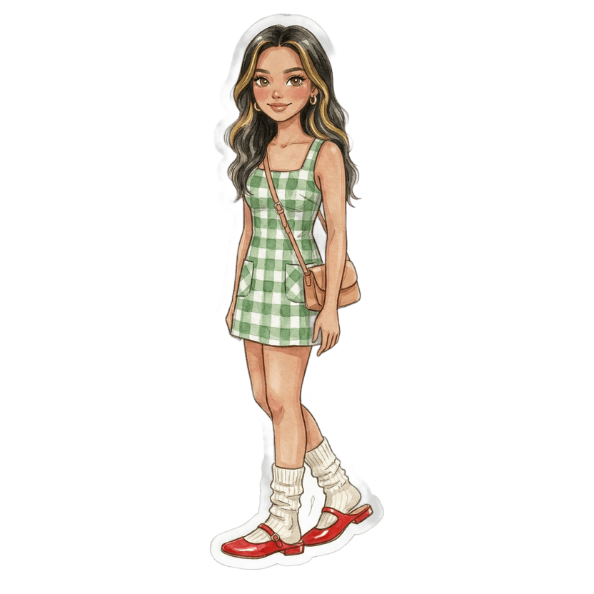 New York in June evening — Sleeveless square-neck mini dress in bold green-and-white gingham check with front pockets, Vibrant red mules with low heel, Thick ribbed cream crew socks
