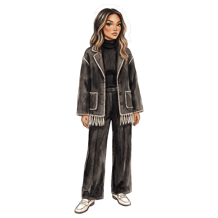 Paris in January — Relaxed ribbed knit turtleneck, High-waisted wide-leg trousers, Oversized wool-blend jacket