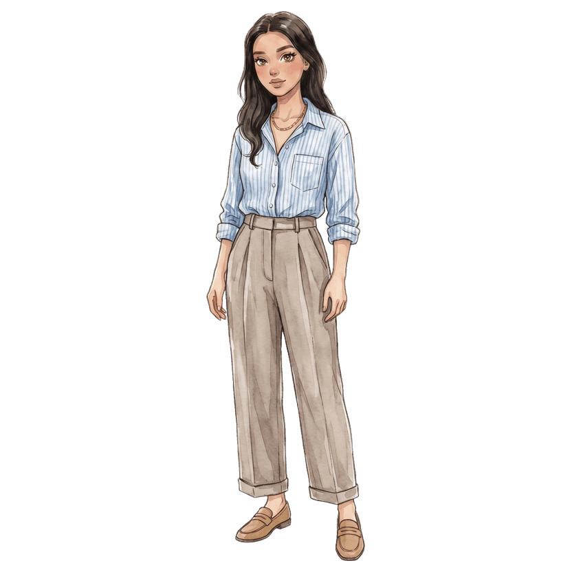 Dark Academia Summer — Classic vertical-stripe button-down, High-waisted wide-leg trousers with front pleats