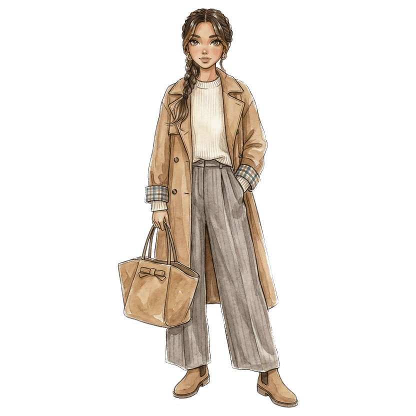 Outfit with trench coat — Camel oversized trench coat with plaid lining at cuffs, Chunky ribbed-hem oversized crew neck sweater in cream, Extremely wide-leg high-rise pleated trousers in heathered gray-taupe wool blend, Large structured suede tote in warm sand with top handles and bow detail