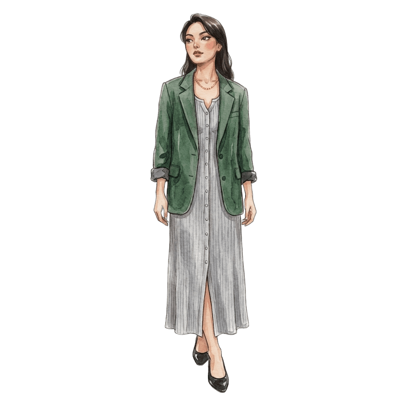 Funeral Summer — Heather grey ribbed knit maxi dress with full button-front placket and side slit, Forest green relaxed double-button blazer with notch lapels and flap pockets