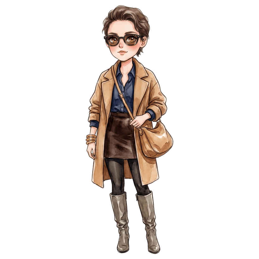 Paris in December — Navy long-sleeve button-down shirt with band collar, Dark brown fitted mini skirt in chocolate tone, Knee-high slouchy grey-brown leather boots with stacked heel, Slouchy tan leather shoulder bag with gold hardware and charm details