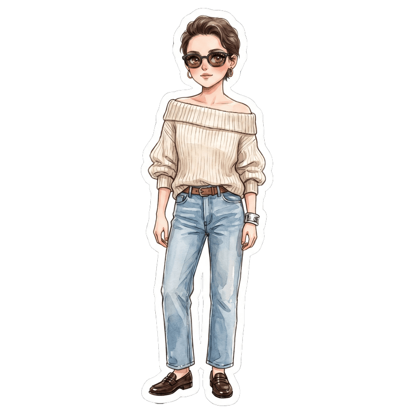 French Girl Summer — Cream chunky ribbed off-shoulder oversized knit sweater with balloon sleeves, Relaxed straight-leg light-wash denim jeans, Thin worn brown leather belt with small buckle, Classic deep chocolate brown leather loafers
