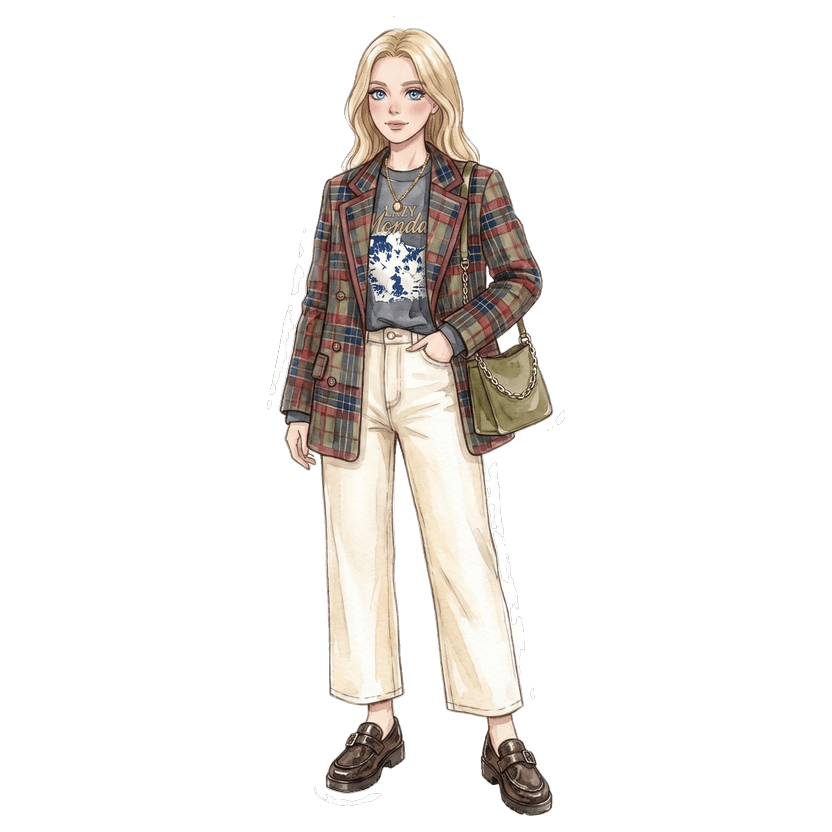 Paris in October — Oversized double-breasted tartan blazer in autumn red, Crew neck charcoal grey sweatshirt with vintage graphic print, High-rise wide-leg cream denim jeans, Chunky-sole buckle loafers in dark brown leather with retro silhouette