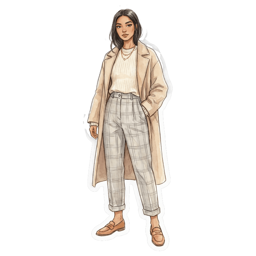 Outfit with cream and cloud dancer — Relaxed-fit ribbed crew-neck sweater in cream, Relaxed-fit light grey trousers, Relaxed longline coat with clean lapels