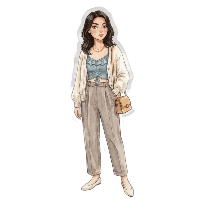 Nashville in June evening — cream oversized cardigan, blue ruched crop top, taupe pleated trousers, tan crossbody bag, cream ballet flats