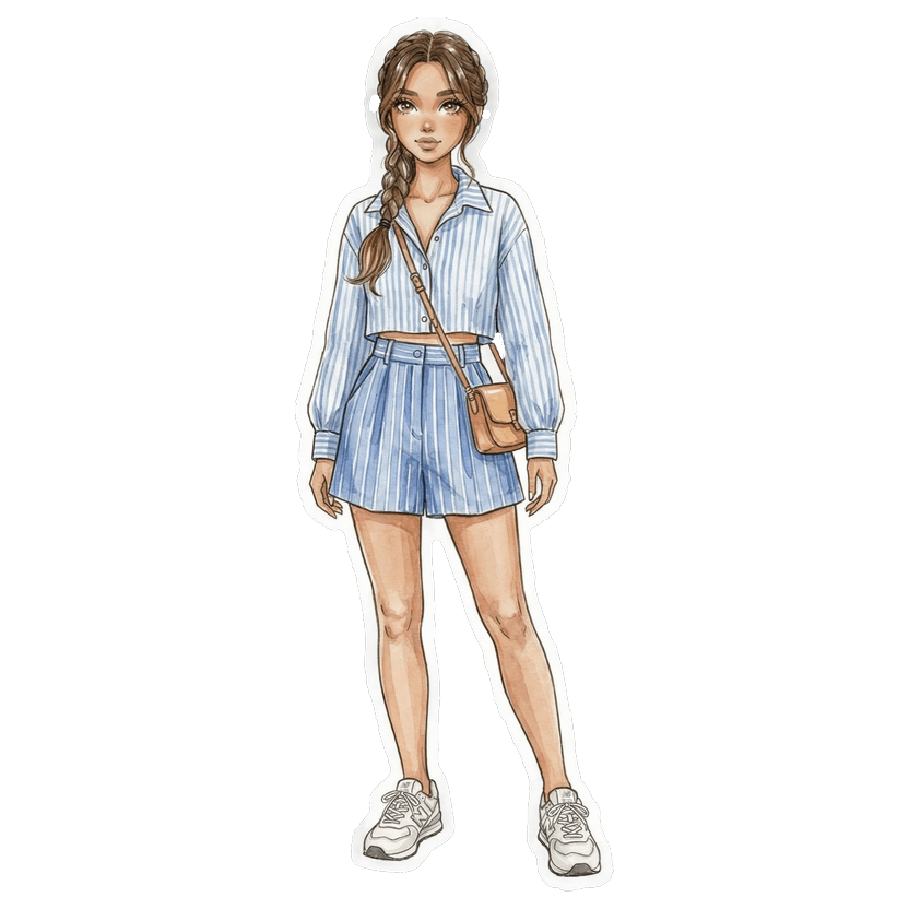 Los Angeles in August morning — Oversized striped Oxford shirt in light blue, Blue striped mini skirt, White low-top sneakers, Cognac structured leather bag