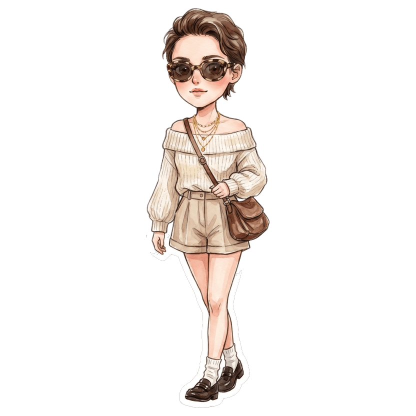 Outfit with bermuda and tailored shorts — Cream chunky ribbed off-shoulder knit with balloon sleeves, Warm beige high-waist pleated tailored shorts in structured fabric, Multiple fine layered gold chain necklaces, Medium slouchy brown leather shoulder bag with gold hardware
