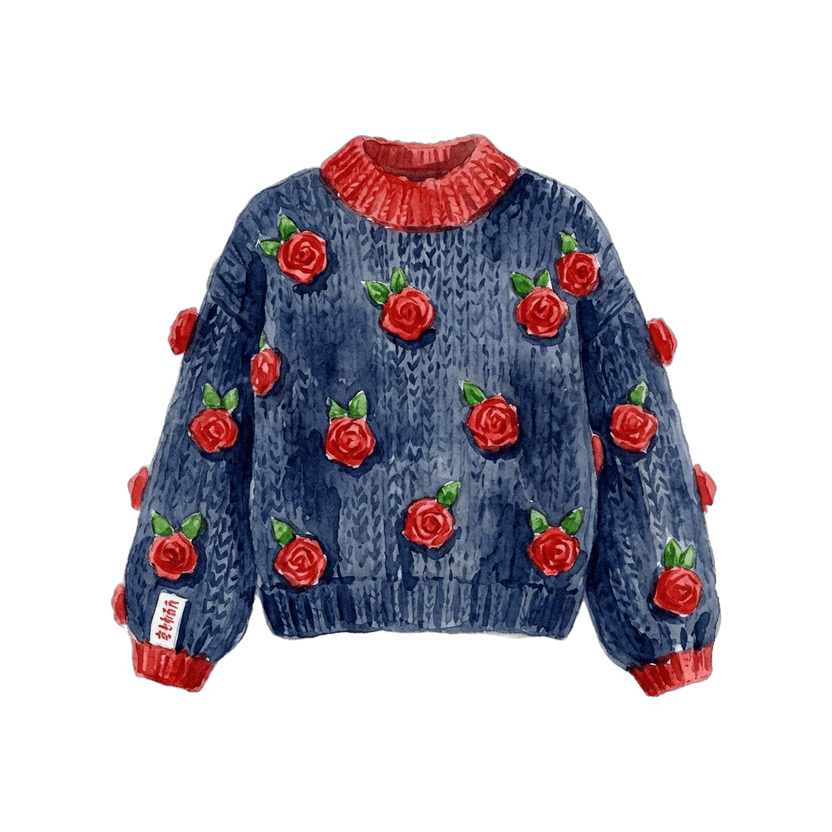 Navy Rose Appliqué Chunky Knit Sweater