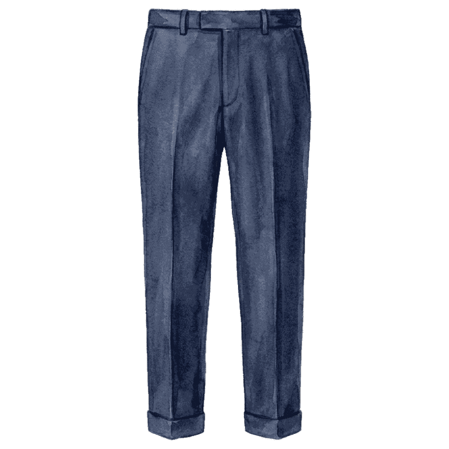 slate-navy tailored trousers with belt loops, pressed creases and narrow cuffs