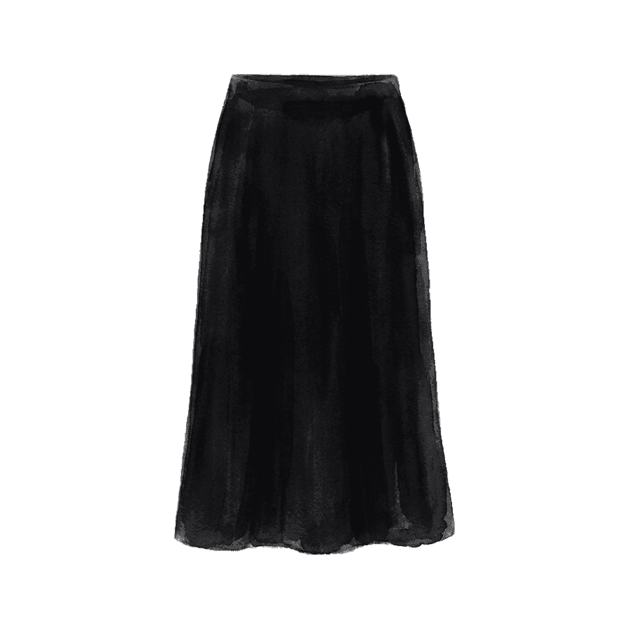 Black bias-cut midi skirt — watercolor illustration