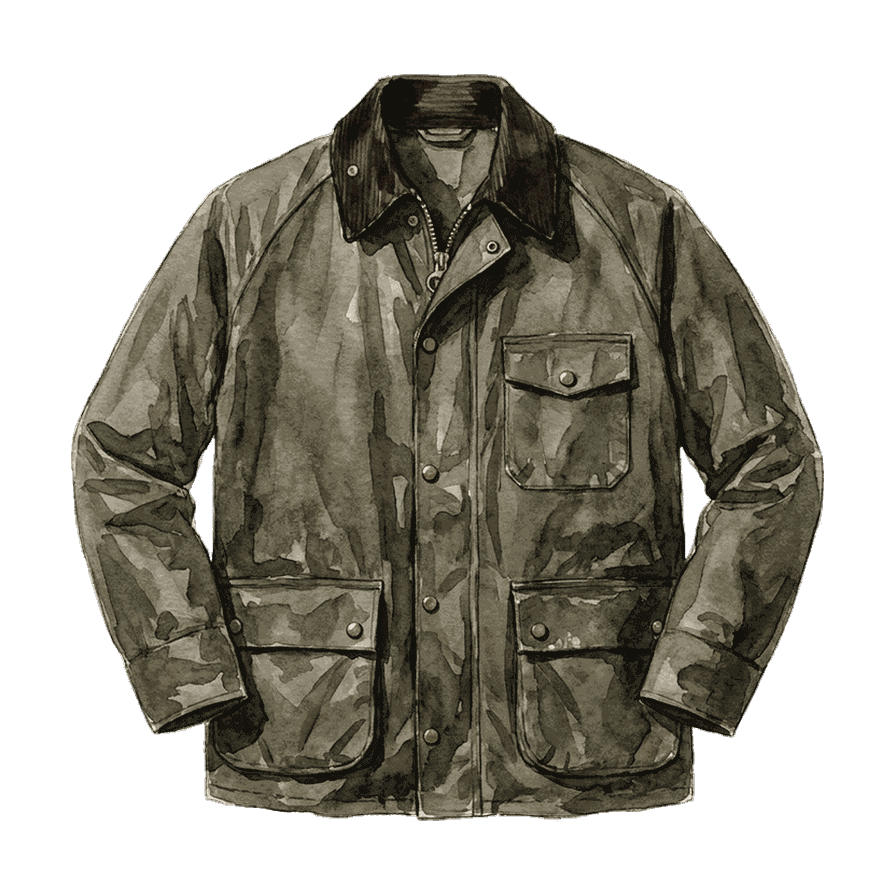 Olive waxed-cotton field jacket with brown corduroy collar, front zip and snap placket