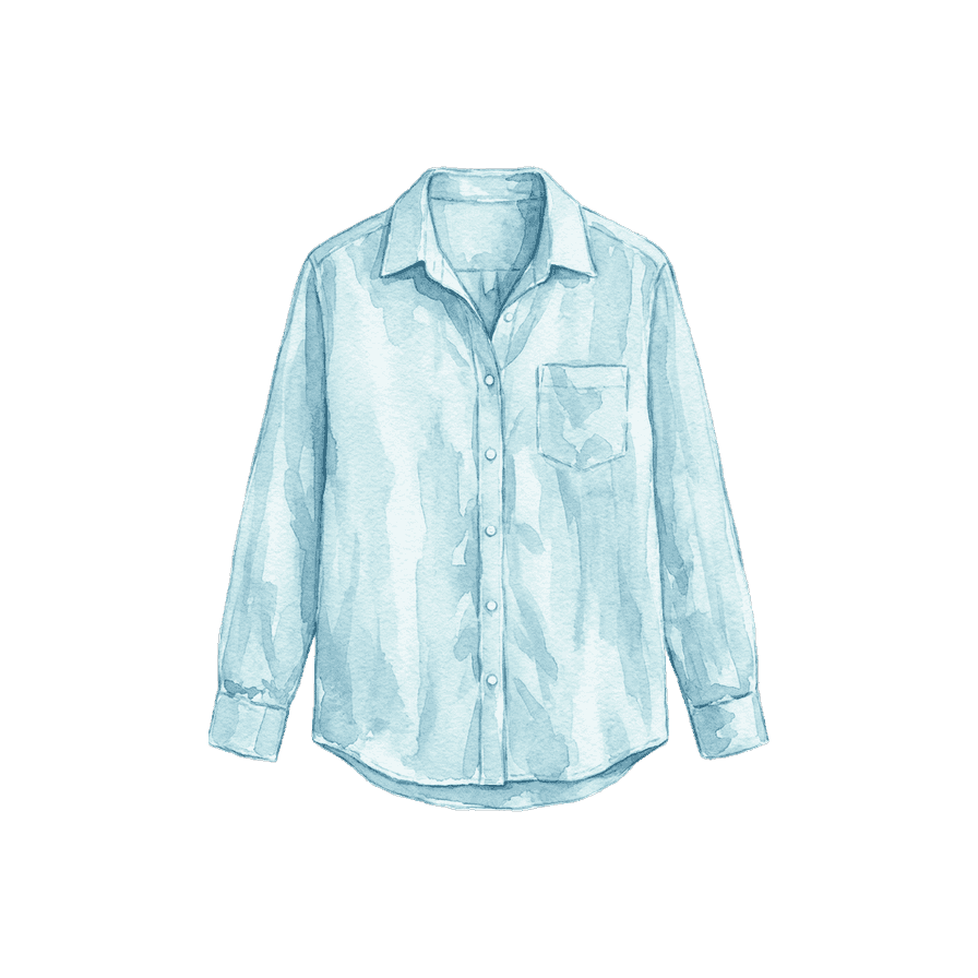 Sea-blue linen shirt, long sleeves, chest pocket — watercolor illustration