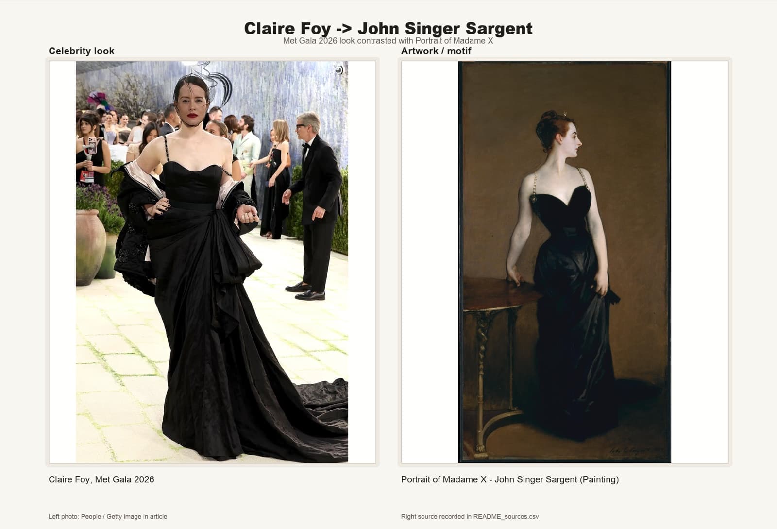 Claire Foy in a black satin gown with two jeweled straps, citing Sargent's Madame X.