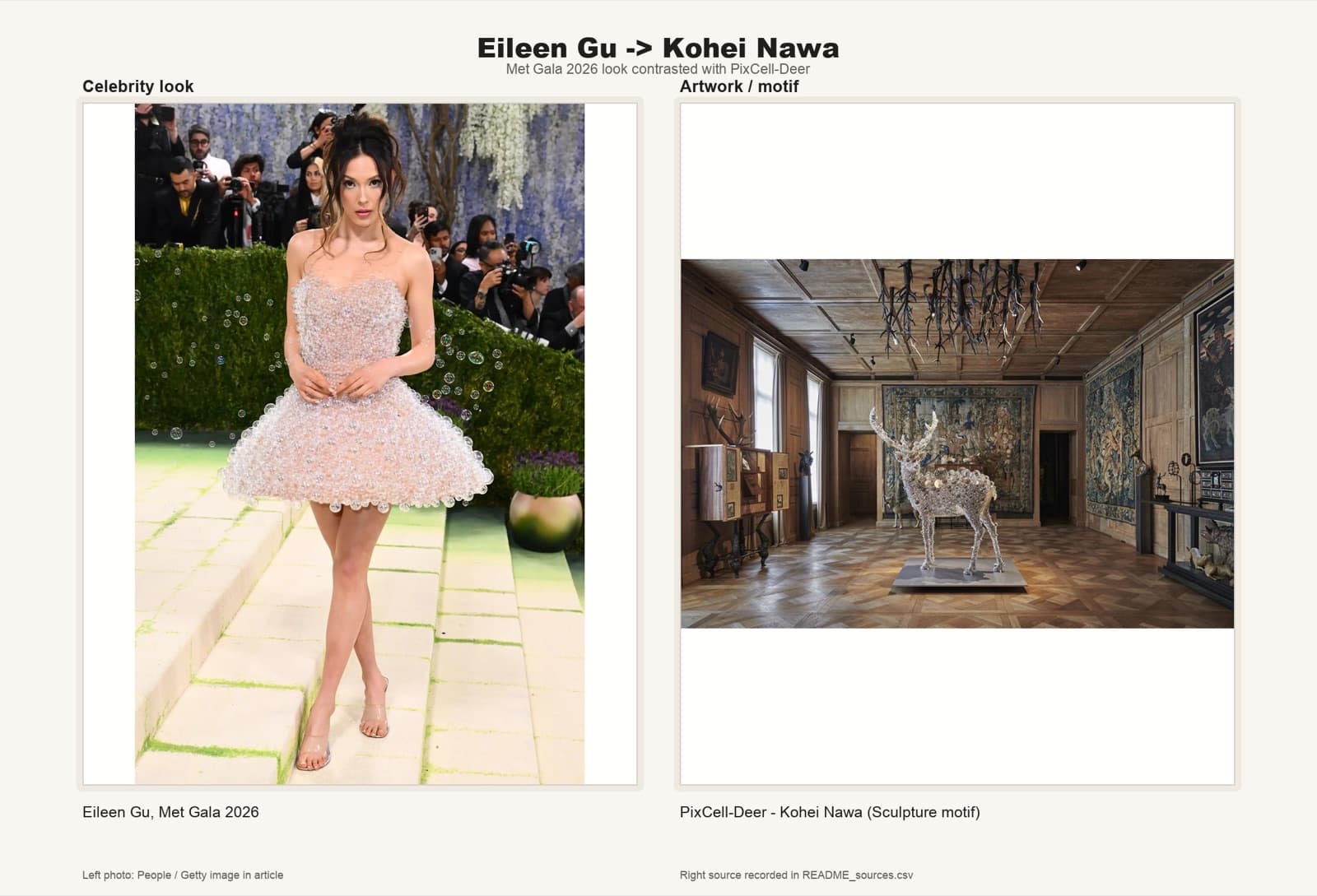 Eileen Gu in a mirror-sphere appliquéd gown, beside Kohei Nawa's PixCell-Deer.