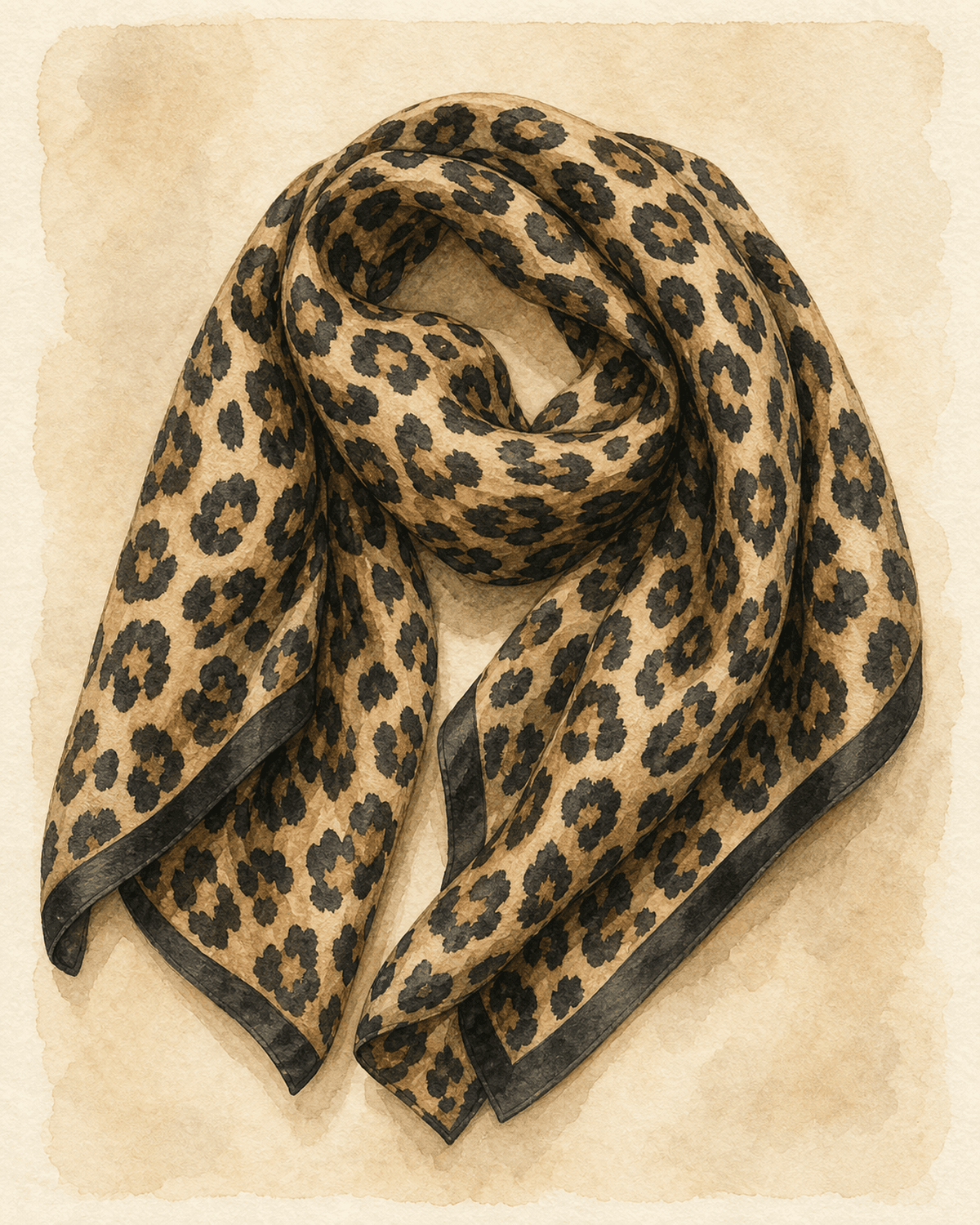 Mid-scale leopard print silk scarf with tan ground and black open-rosette spots, folded loosely on cream paper.