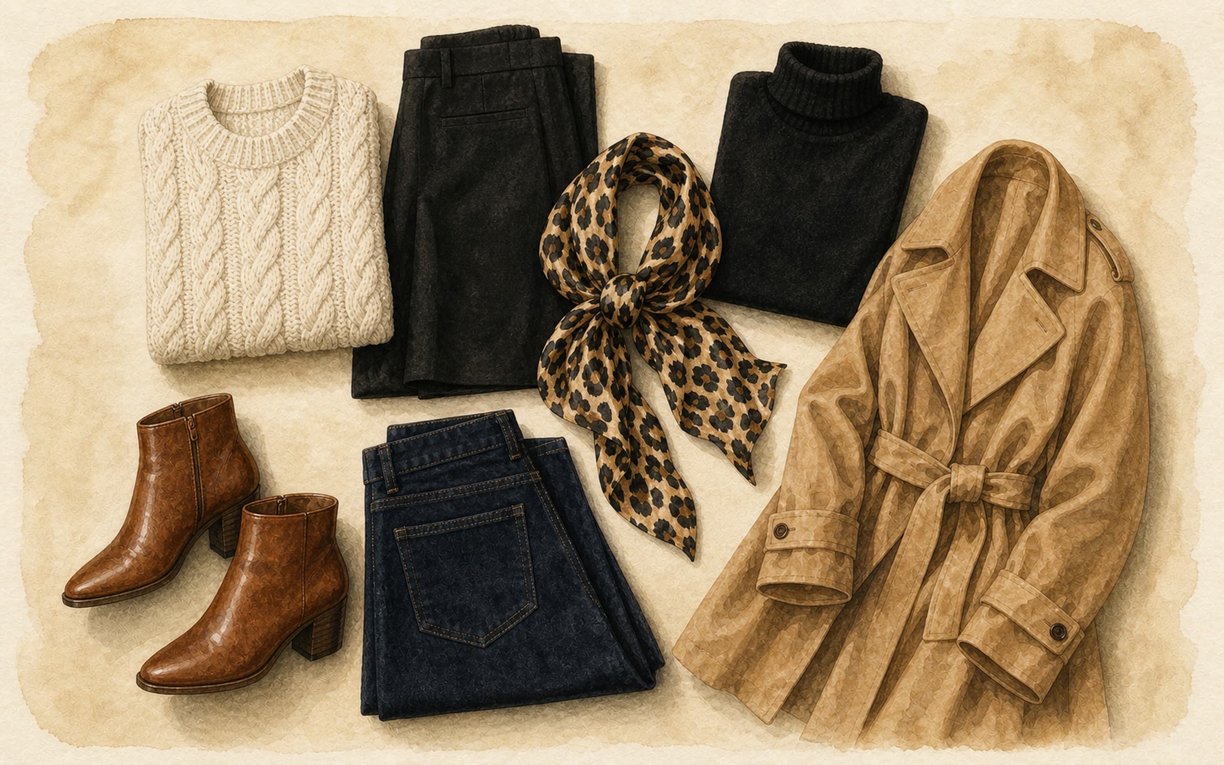 Flat-lay of a mid-scale leopard-print scarf with cream chunky knit, black trousers, black turtleneck, cognac ankle boots, dark indigo jeans, and camel trench coat on cream paper.