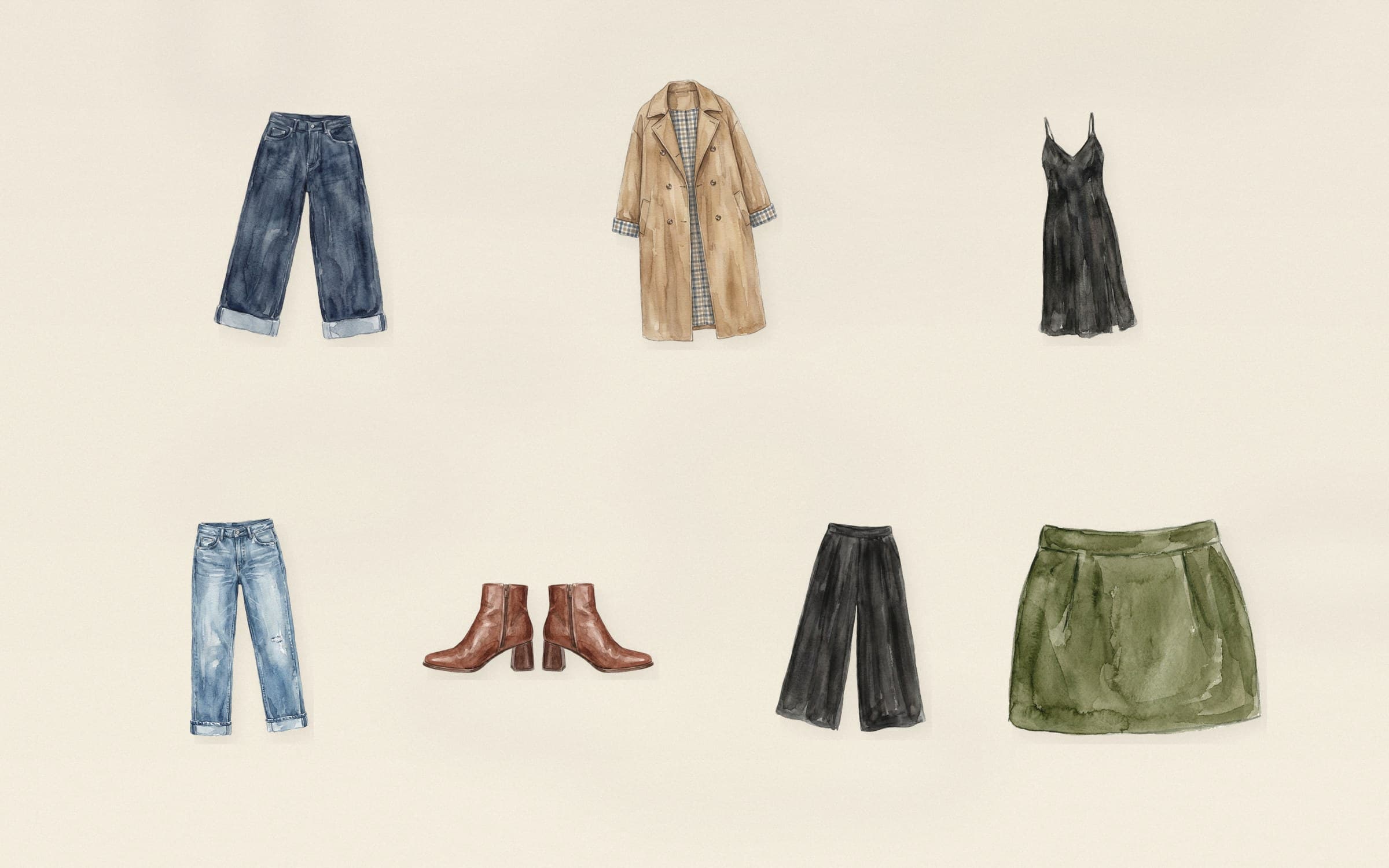 Flat-lay of cognac leather ankle boots with dark indigo wide-leg jeans, mid-blue straight-leg jeans, black slip dress, camel trench coat, black trousers, and olive mini skirt on cream paper.
