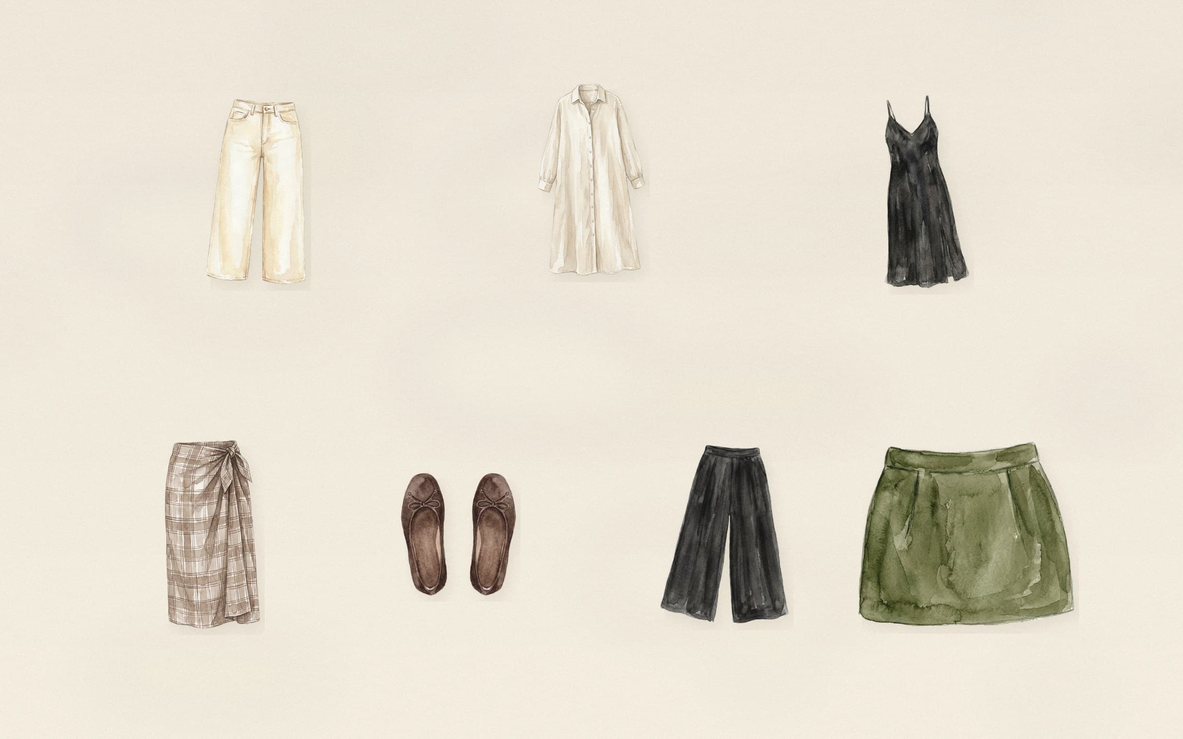 Flat-lay of dark brown leather ballet flats with cream wide-leg jeans, cream shirtdress, black slip dress, plaid wrap skirt, black trousers, and olive mini skirt on cream paper.