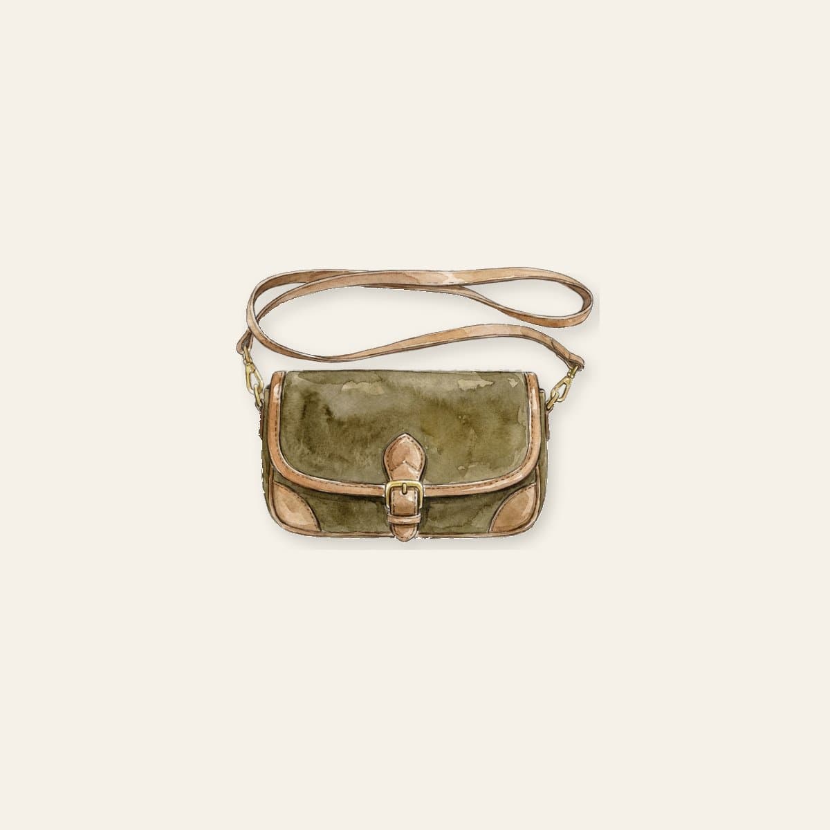 Watercolour illustration of a horizontal-elongated barrel-shape chocolate-brown leather bag, on cream paper.