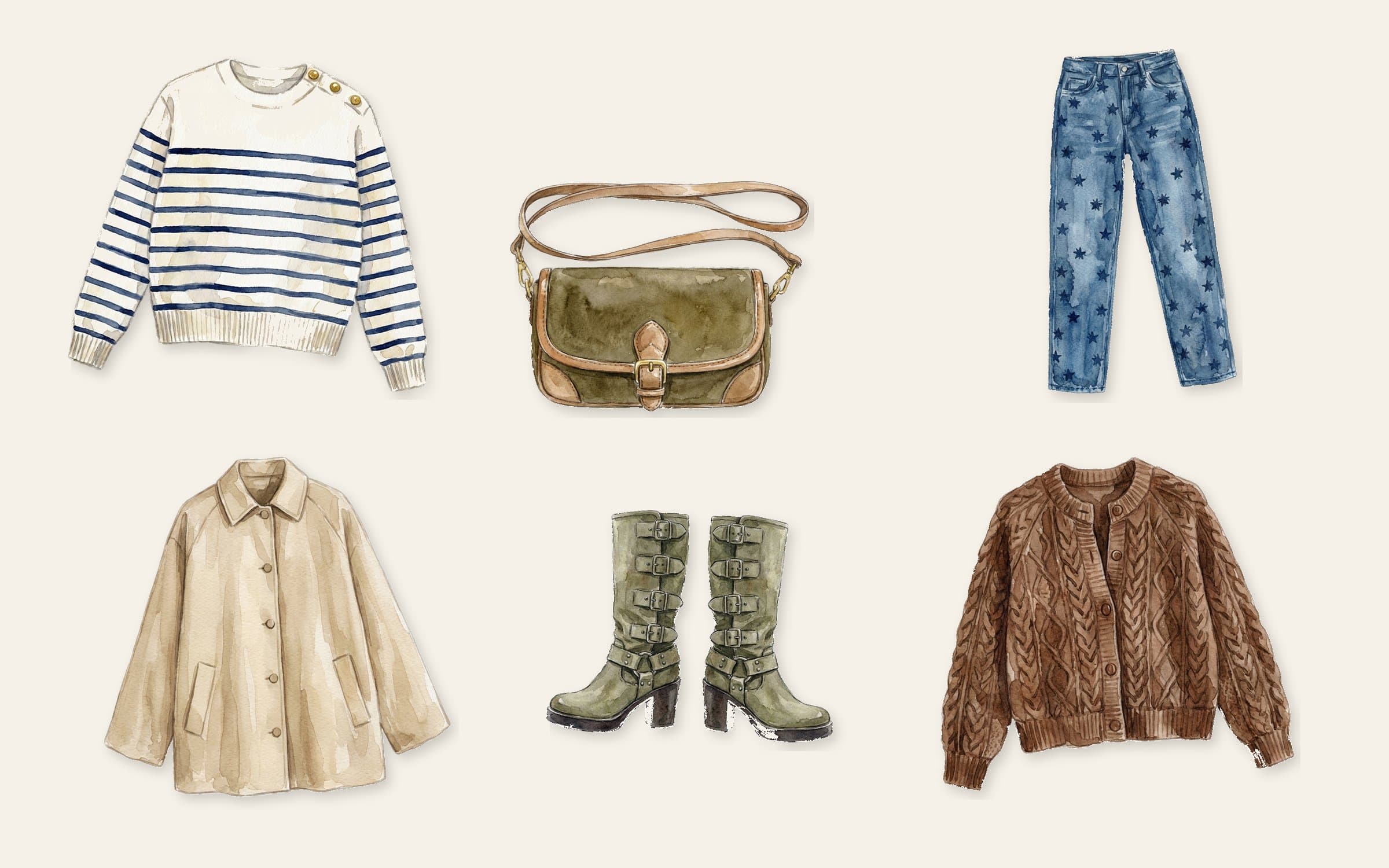 Flat-lay of a brown saddle bag with cream-navy Breton stripe sweater, mid-wash straight-leg jeans, beige coach jacket, tall slouchy leather boots, and brown cable cardigan on cream paper.