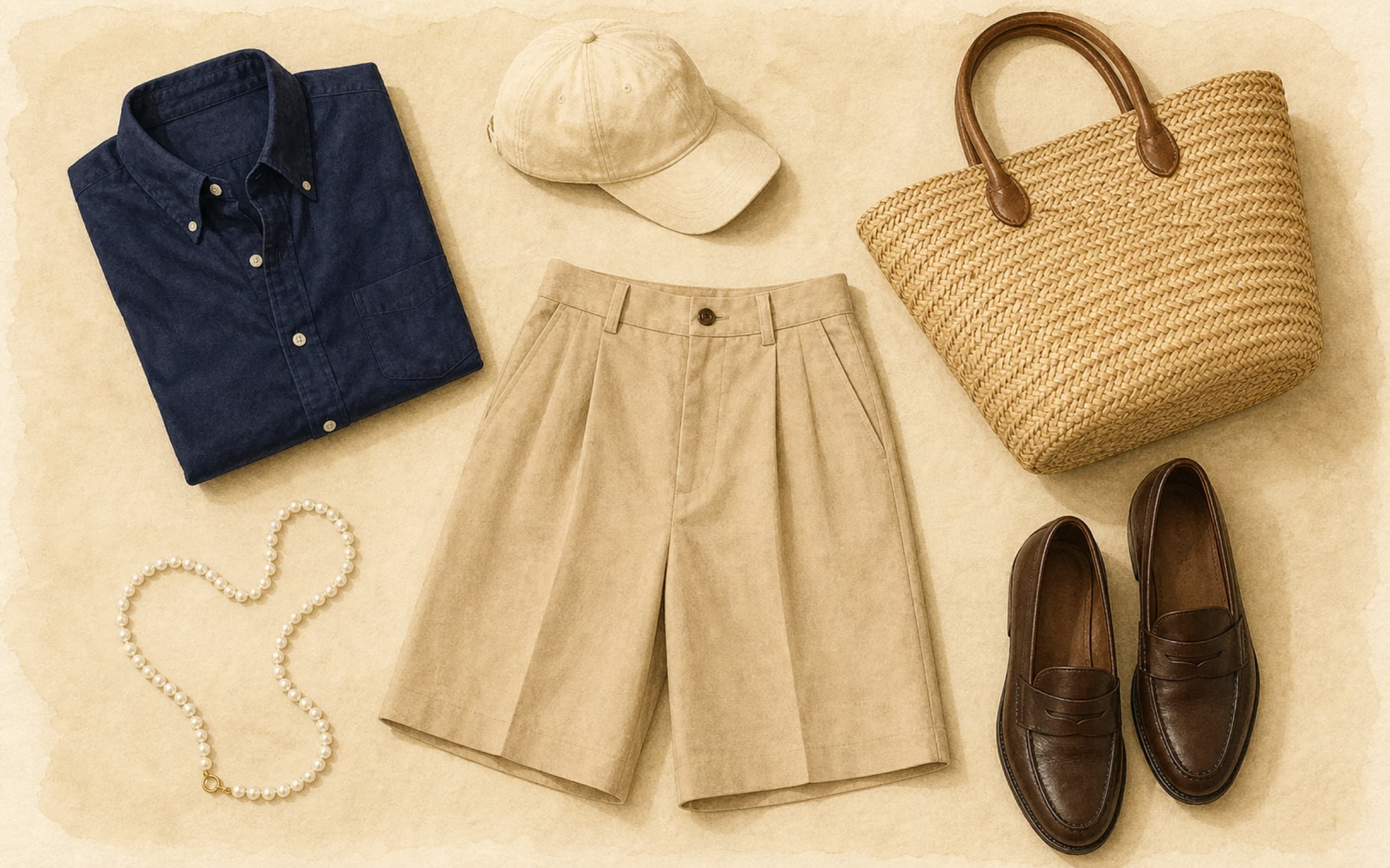 Flat-lay of warm beige tailored bermuda shorts with navy button-down, dark brown loafers, straw market tote, pearl necklace, and cream baseball cap on cream paper.