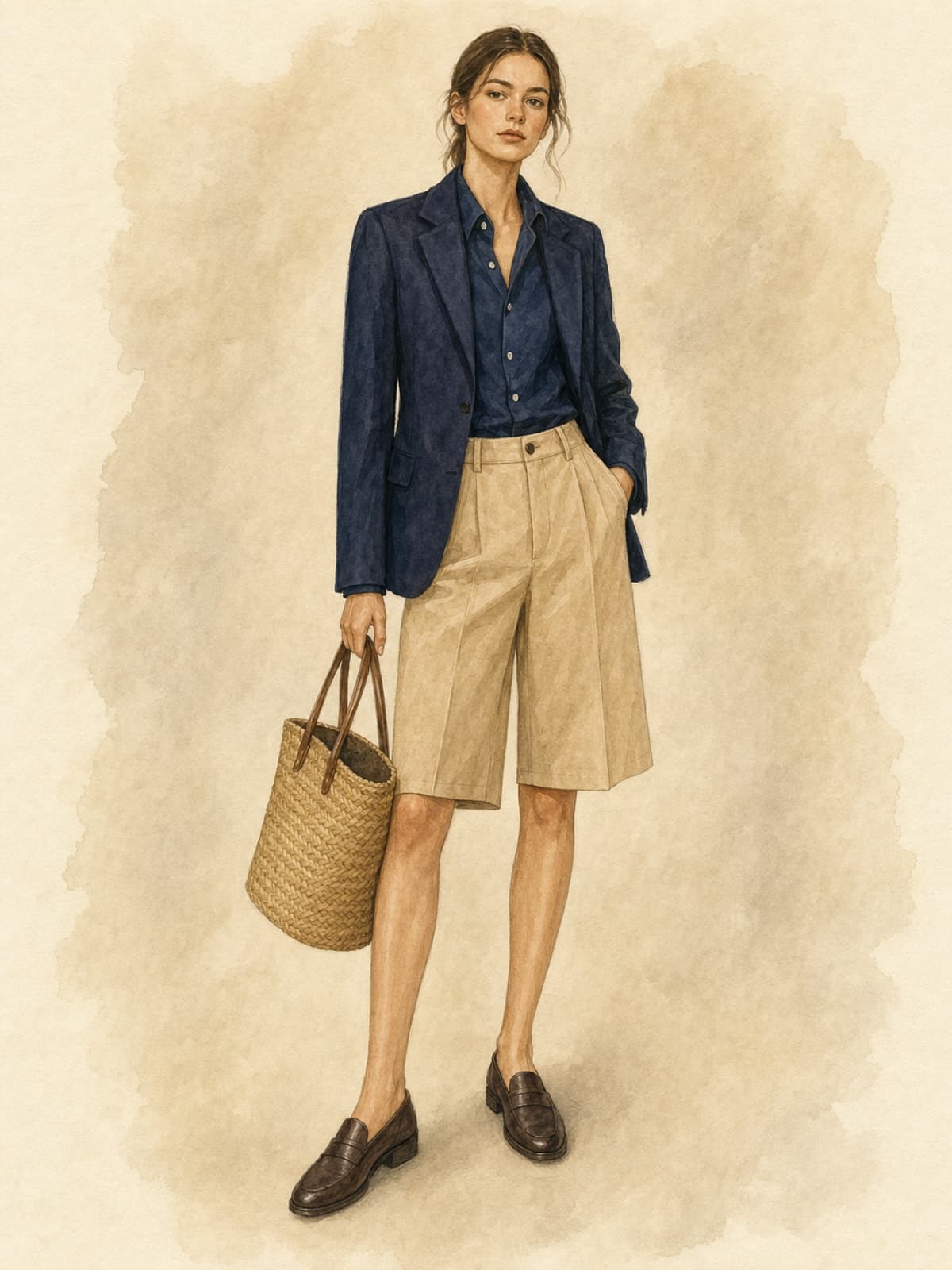 Watercolour illustration of an original figure with complete facial features in warm beige bermuda shorts, navy blazer over navy button-down, brown loafers, holding a straw tote.