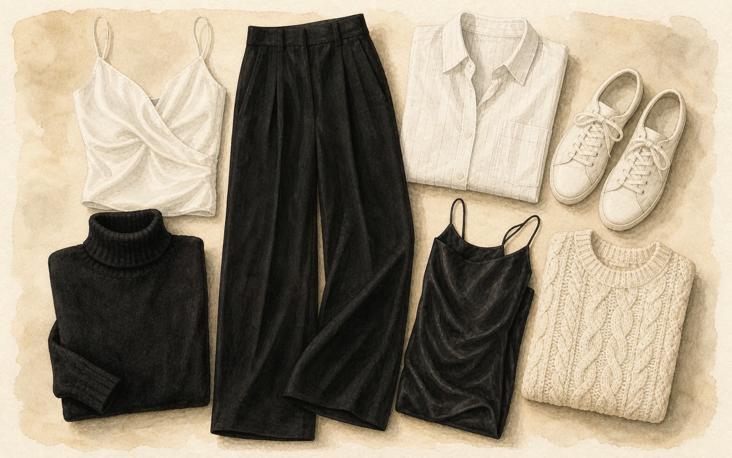 Flat-lay of black wool wide-leg trousers with white silk cami, white pinstripe shirt, white sneakers, black turtleneck, black slip dress, and cream chunky knit on cream paper.