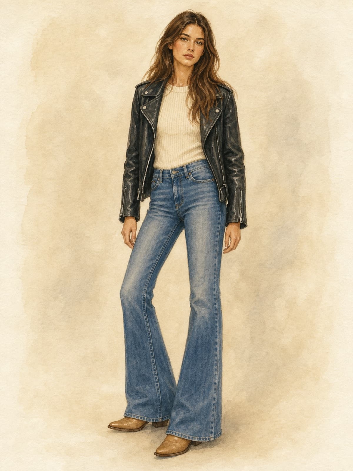 Watercolour illustration of an original figure with complete facial features in bootcut jeans, cream rib knit, black biker jacket, and cowboy boots, in 1990s editorial style.