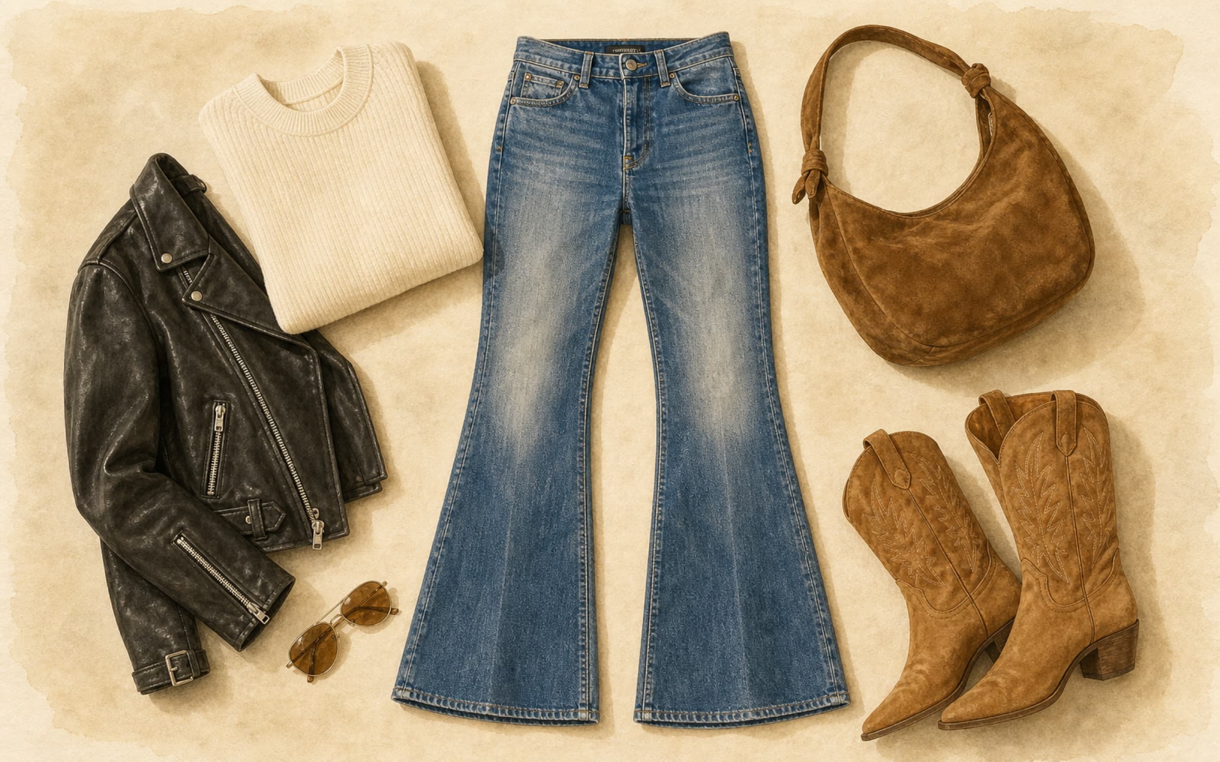 Flat-lay of mid-wash flared jeans with cream ribbed sweater, black leather biker jacket, brown suede shoulder bag, aviator sunglasses, and tan cowboy boots on cream paper.